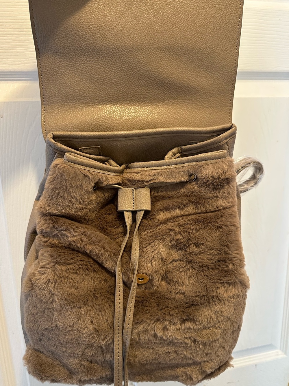 NWT BEBE Dorothea Faux Fur Backpack Taupe Y2K